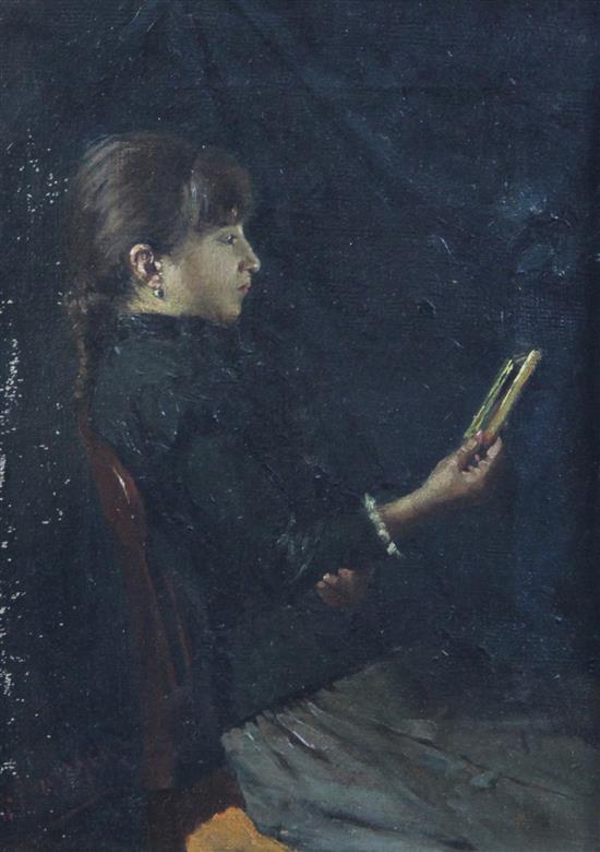 19th C. Spanish School Portraits of a woman playing a guitar and a young lady reading, 10 x 7.75in.